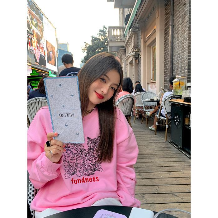 Crew neck sweater women's velvet outer wear graffiti cat personalized printing loose women's sweater