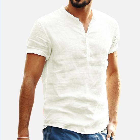 Camicia Estiva da Uomo Tinta Unita Collo Alto Bottoni Maniche Corte Sottile Abbigliamento Quotidiano Vestibilità Slim Scollo a V Top Estivo da Uomo Indumento da Uomo