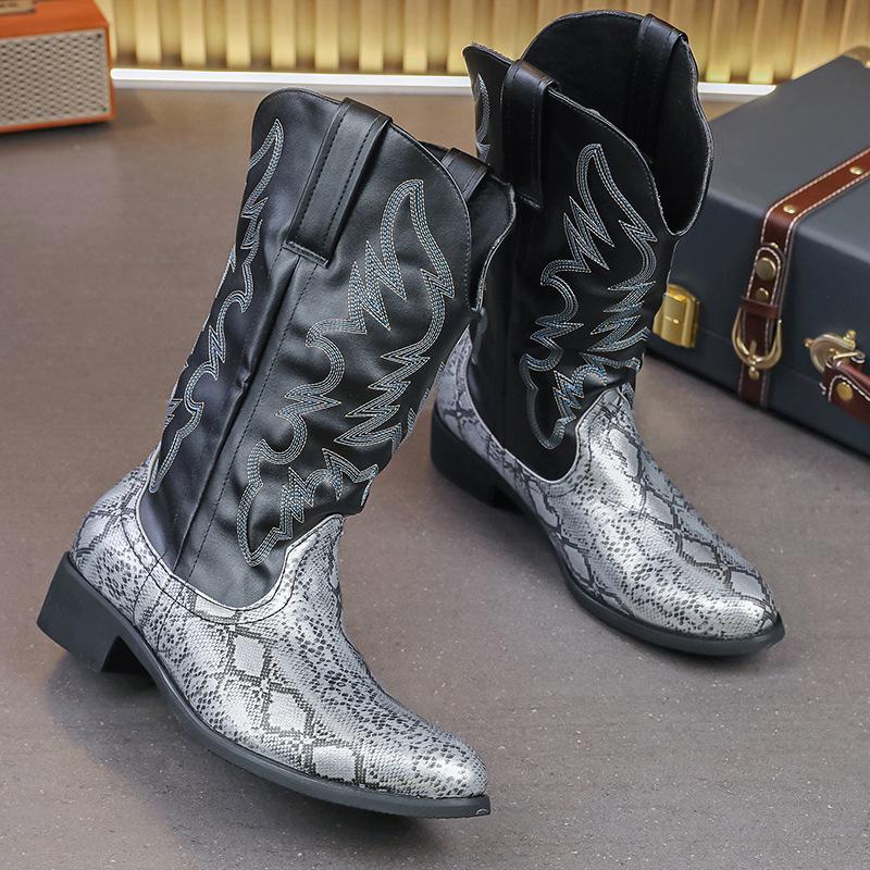 Men's Mid-Calf Snake Print Leather Western Cowboy Boots