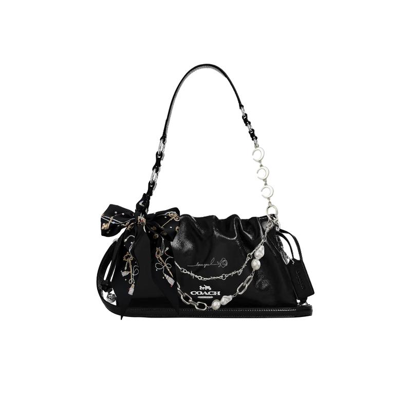 

COACH shoulder bag [Customized bag] Faye metal logo cloud leather tag sewn embroidered carriage logo extension chain Flower shadow black basic outfit чорний