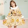Girls Long Sleeve Tie Dye Printed A Line Dress White Furry Collar Cuffs Waist Bow Flared Hem