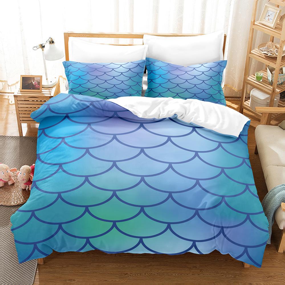 Laser Gradual Change Fish Scale 3D Digital Printing Three-Piece Set, Quilt Cover Pillowcase Home Textile Bed Sheet Kit