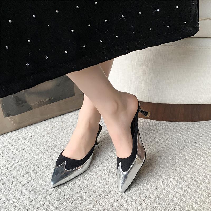 Fashion Women's Pointed Mid-heel Sandals Spring Baotou Shallow Mouth Splice Set Foot Anti-slip Wear-resistant Slippers