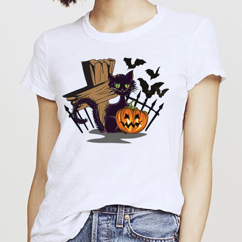 Women T-Shirts Cat Sweet New 2025 Fall Halloween Short Sleeve T-Shirt Female Harajuku Thanksgiving Graphic Oversized Tshirt Tops