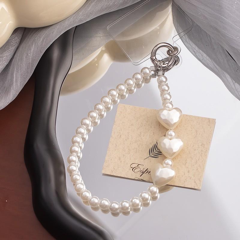 Weißes Herz Perlen Glitzer Handy Handgelenkband Lanyard