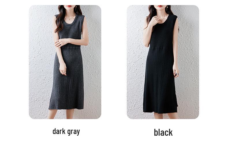 Autumn/Winter U-neck Waist-cinching Sleeveless 100% Pure Wool Vest Dress - Elegant, Fashionable, Slimming, Solid Color.