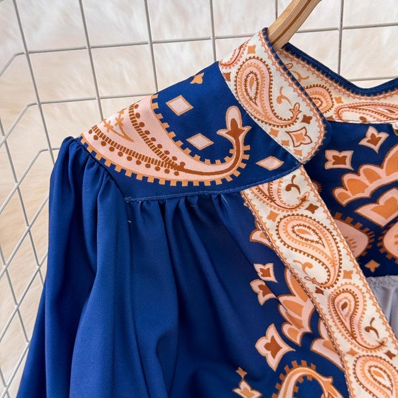 Vintage Evening Dress for Women Print Pleated Puff Sleeve Vestidos Button Designer Femme Robe Temperament Office Lady Ropa Mujer