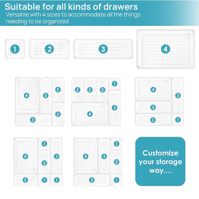 Clear Plastic Drawer Organizers Set 4-Size Versatile Bathroom and Vanity Drawer Organizer Trays