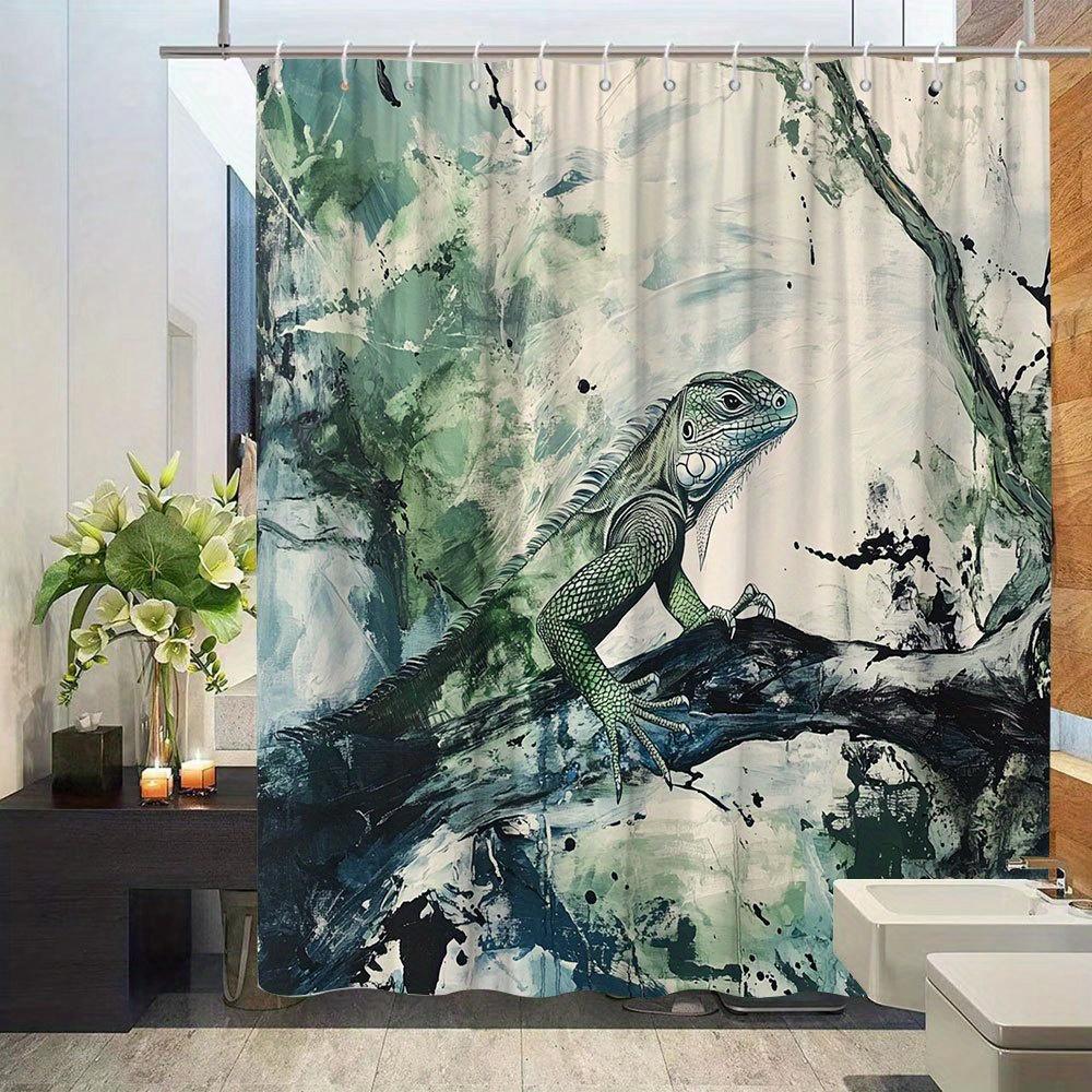 Green Iguana Shower Curtain - Animal Theme, Natural Landscape Design, Polyester Bathroom Decor,  12 Hooks