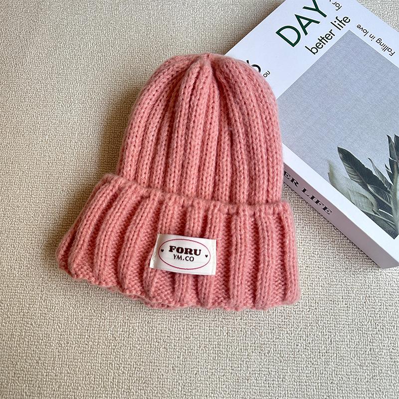 Knitted Woolen Hat Solid Color English Cloth Label Pullover Hat Autumn and Winter Warm Curled Casual Knitted Hat