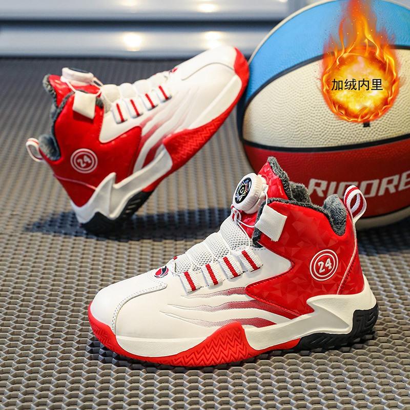 Winter Boys' Sports Shoes Fleece Warm Medium and Older Children's Shoes Size 40 Boys' Basketball Shoes Wear-resistant and Non-slip Large Cotton Shoes