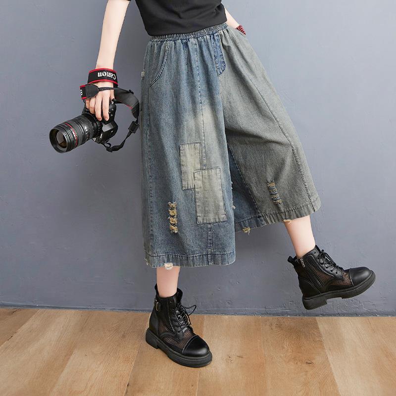 Pantalon en jean vintage grande taille pour femme, ample, déchiré, avec patchs, été, surdimensionné, patchwork, décontracté, short en jean à jambes larges