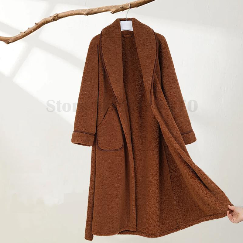 Vinterflanell Par Lång Morgonrock Loungewear Förtjockad Korallfleece Kimono Badrock Morgonrock Sovkläder Lös Vardags Varm Hemkläder