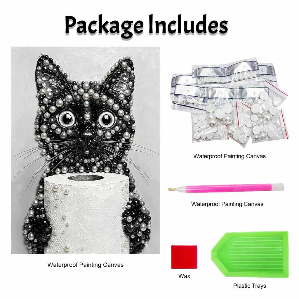 5D Pearl Painting Kit Framed with Funny Black Cat Toilet Paper Design Sparkling Bead Art Canvas DIY Relaxing Craft for Wall Decor Gift