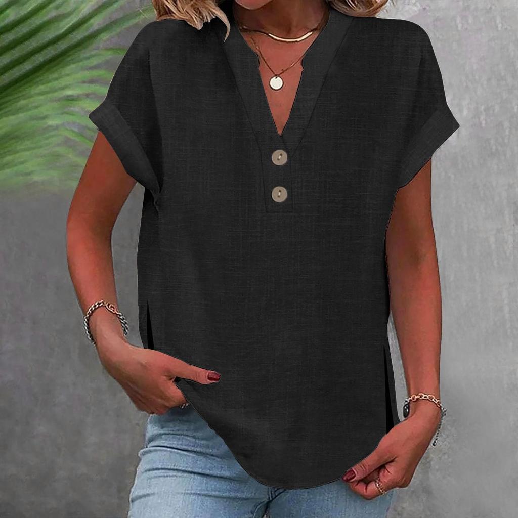 Women's Fashion Casual Solid Colour V-Neck Short Sleeve Button Split Shirt T-Shirt Top