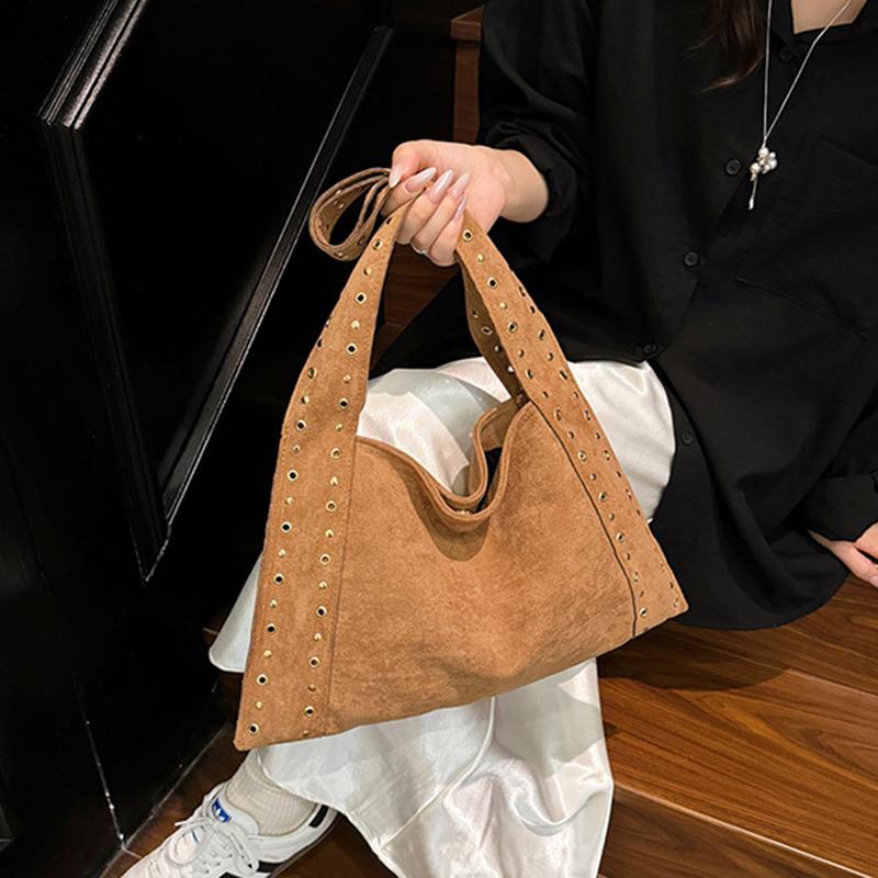 Retro Suede Rivet Shoulder Bags PU Leather Work Purses Large Tote Handbag Slouchy Locomotive for Women Travel Winter Fall