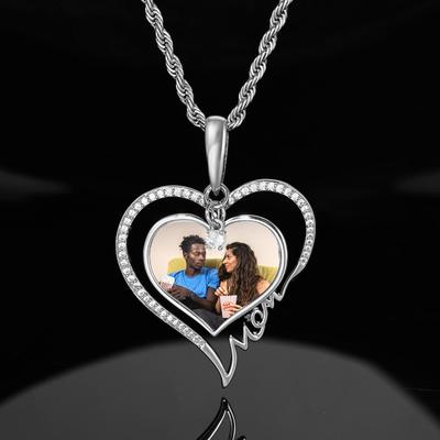 Rotatable Heart Photo Pendant with Zirconia: European-American Hip Hop Style Necklace