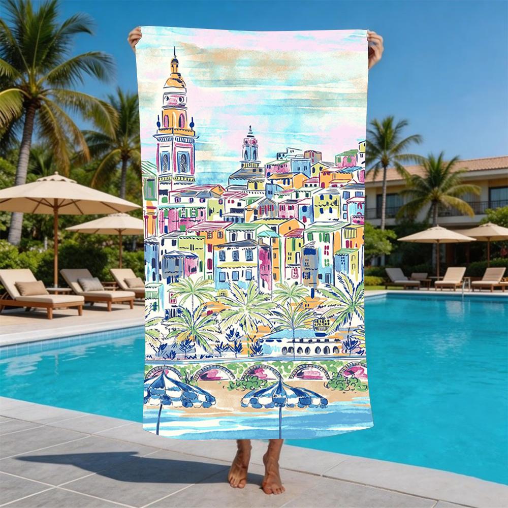 Colorful Coastal Town Watercolor Print Beach Towel Anti Sand Microfiber Pool Towel Summer Beach Swim Summer Pool Side Gear