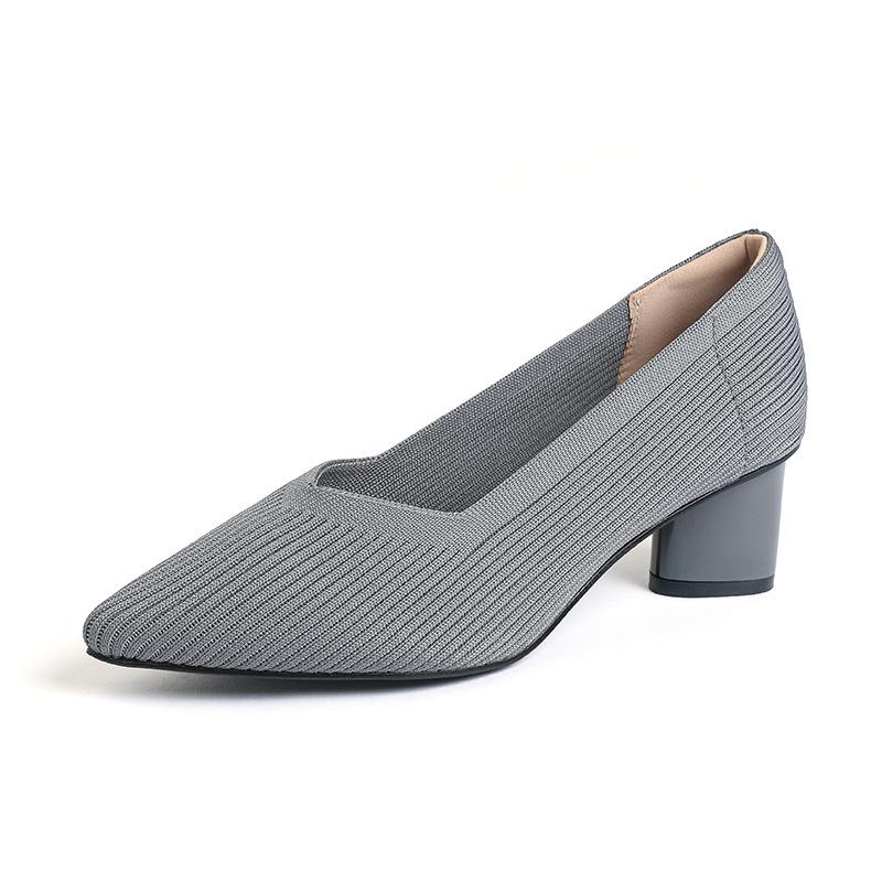 Fashion 2025 Pointed Toe Middle Heel Breathable Comfortable Knitted Shoes Women Shallow Mouth Chunky Heel Fashion Zapatos De Mujer Pumps