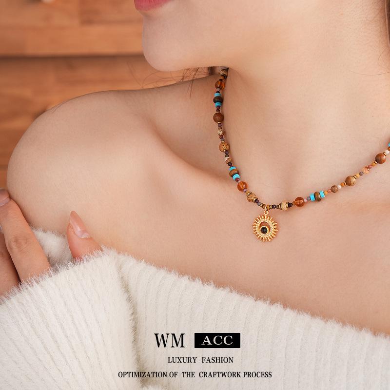 Titanium Steel Sun Necklace with Natural Stone Rice Beads - Retro Ethnic Clavicle Chain, Light Luxury Fashion Accessory