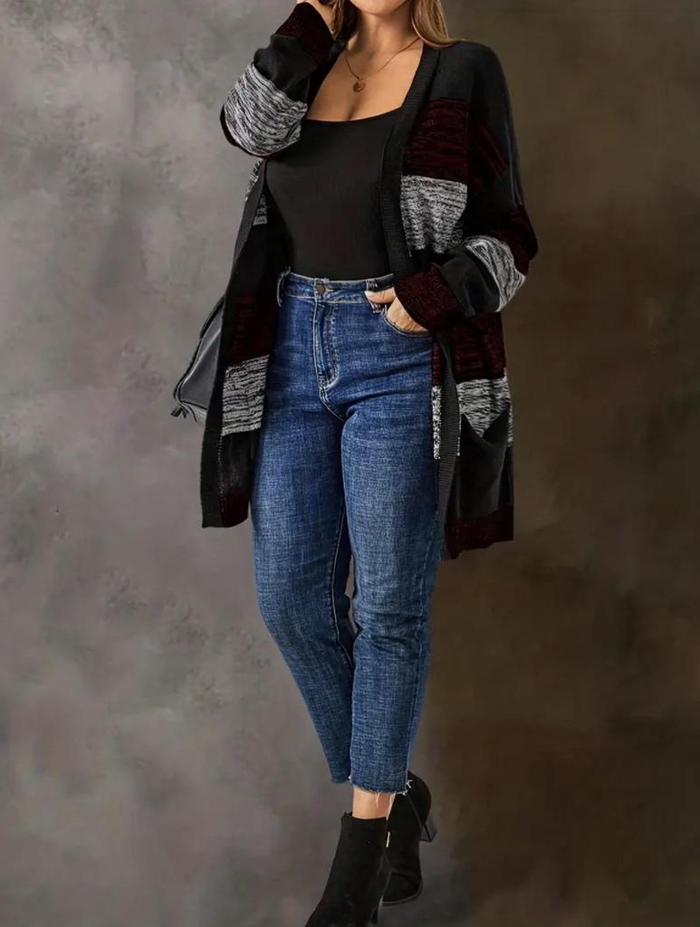 2025 Casual European & American Long Knit Cardigan Color Block Patchwork Wool Coat