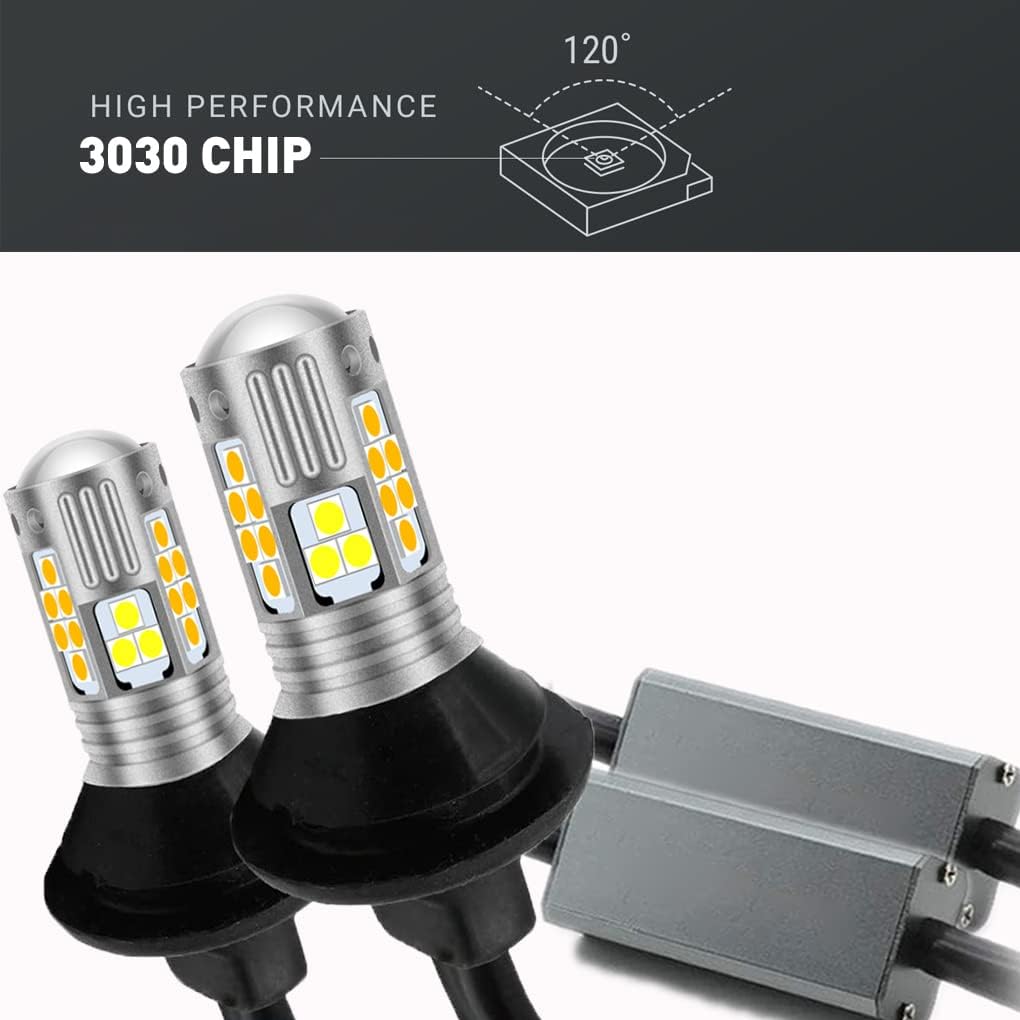 GLOFE 7443 7444 3030SMD Dual Color Type 2 Switchback DRL LED Turn Signal Light Bulbs with Hyper Flash Prevention and Error-Free Built-in Resistors,