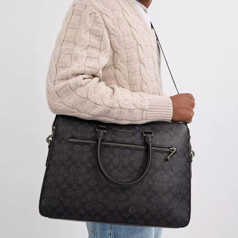 Coach Ethan 38 Logo Print Detachable Shoulder Strap Zipper Closure Coated Canvas Shoulder Crossbody Tote Bag Large Men Bags Black CV917-QBMI5