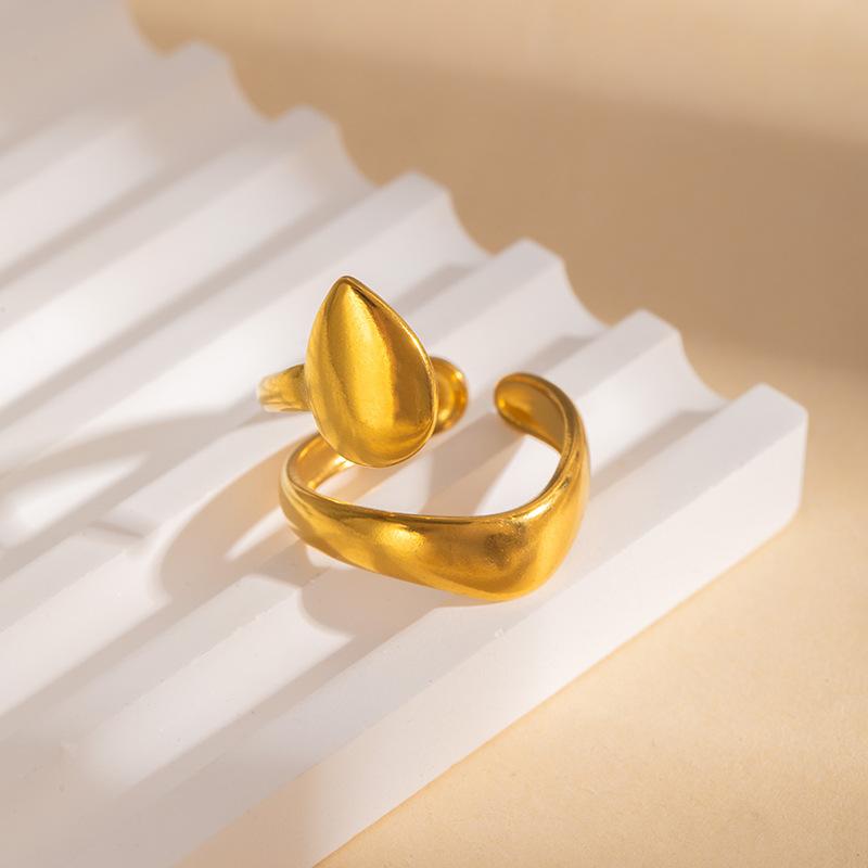 Stainless Steel Double Layer Waterdrop Open Rings for Women Unique Bending Gold Silver Color Waterproof Rings Party Jewelry Gift