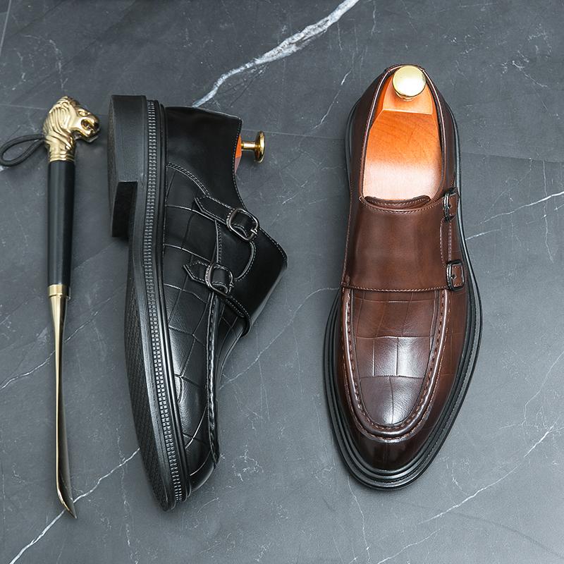 Fashion Luxury Designer Leather Men Shoes High Quality Polish Double Buckle Pointed Toe Casual Shoes Men Wedding Dress Shoes For Men