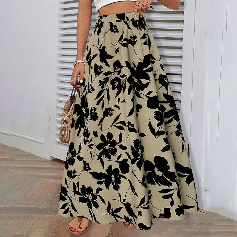 ins elastic waist printing long a-word skirt summer high-end temperament commuting drape skirt skirt skirt women s clothing S оливковое зеленый