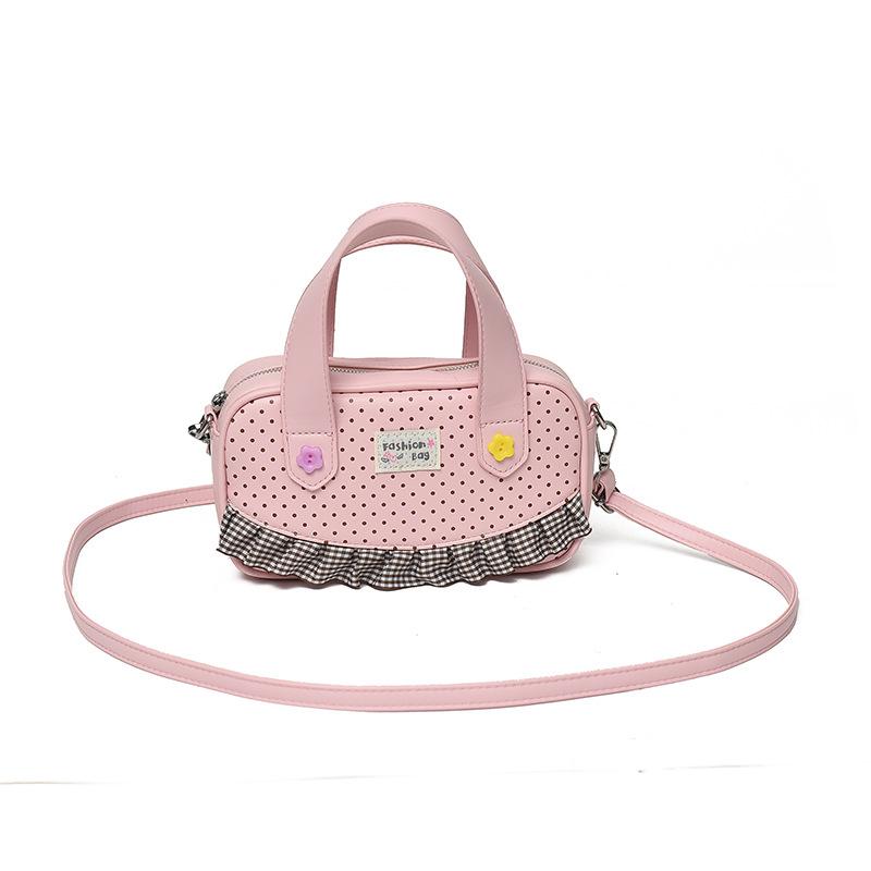 Mini- Bowlingtasche mit Pünktchenmuster und Vichy-Rüschenbesatz Niedliche Blumenverzierung Vielseitiger oberer Griff und Umhängetasche Süße Tasche für Pendler