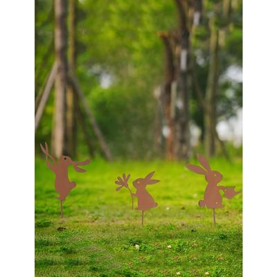 3-teiliges Rostiger Hase Schmiedeeisen Gartenstecker-Set - Metall Tier Skulpturen für den Außenbereich für Rasen, Garten und Feiertagsdekorationen