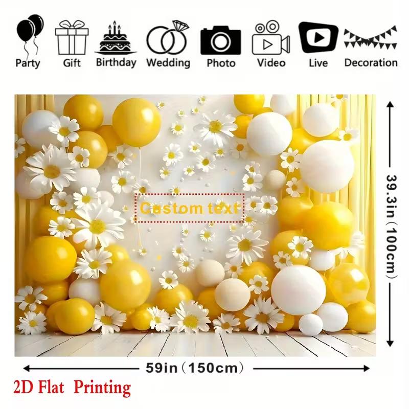 Personalized Text Daisy and Balloon Birthday Backdrop Yellow Floral Party Background Banner