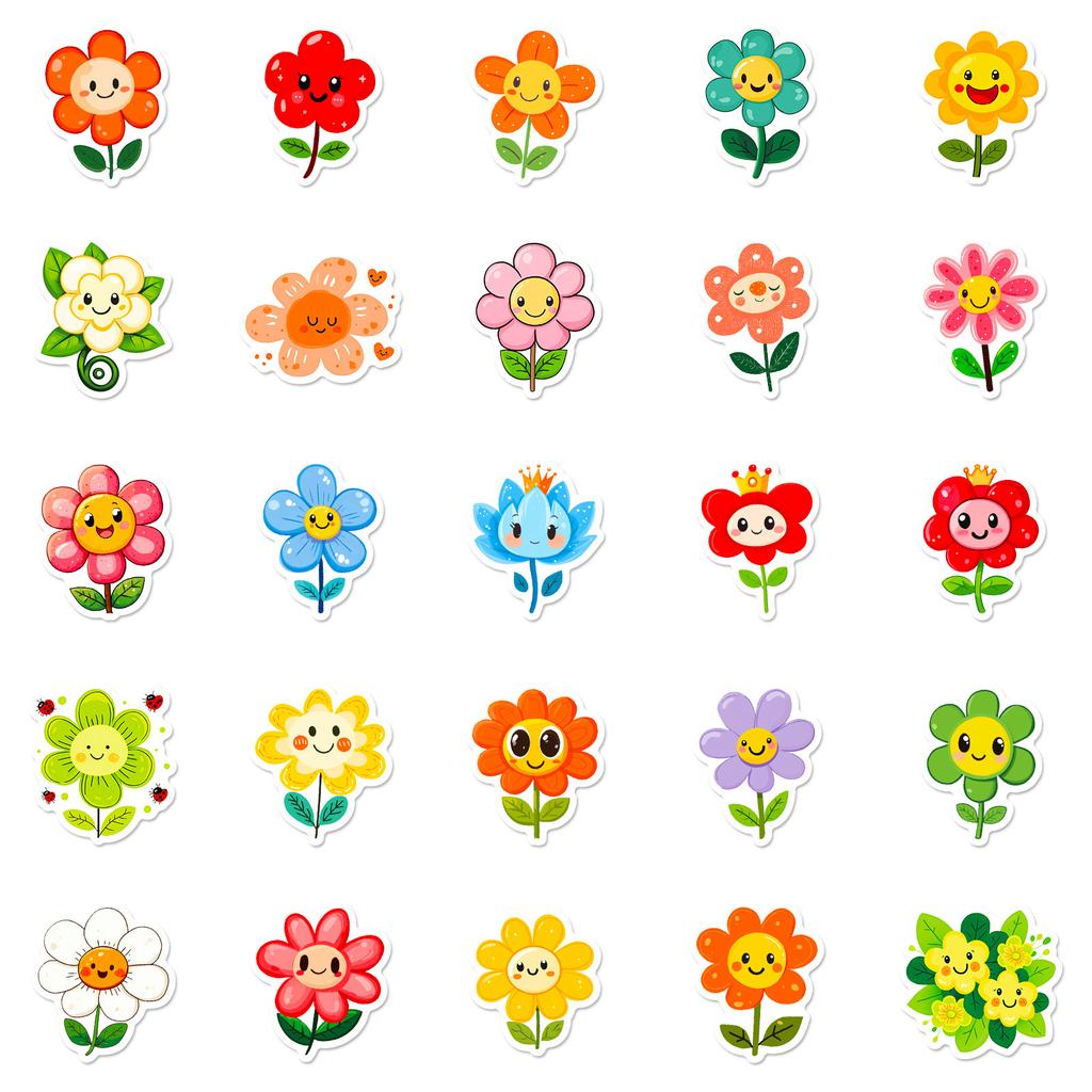 New 50 Cartoon Colorful Sun Flower Stickers Kawaii Healing Smiley Face Little Flower Children's Reward Stickers