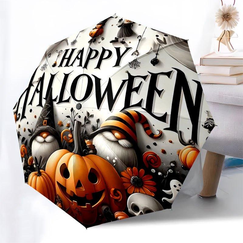 Halloween Spooky Gnomes&Pumpkins DecorUmbrella with Cute Design,Portable 3-Fold Compact Umbrella for Men&Women,Valentine's Day Mother's Day
