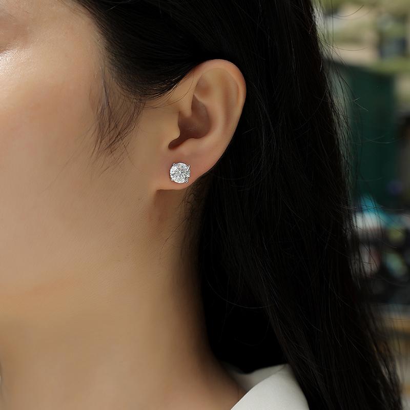 Rhodium Plated S925 Sterling Silver Round Cut 2CT Womens Moissanite Diamond Solitaire Stud Earring