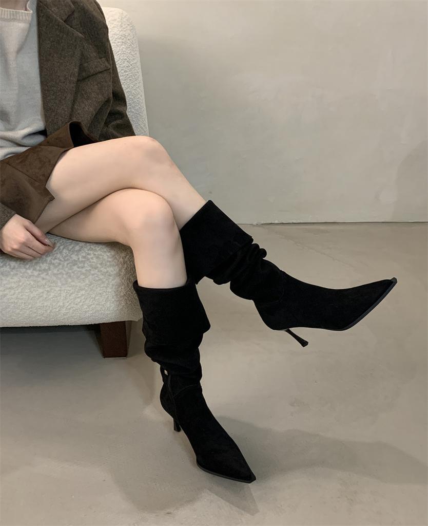 Big tube high heel frosted pointed pile boots women's thin heel long tube over knee fat mm thick legs high tube