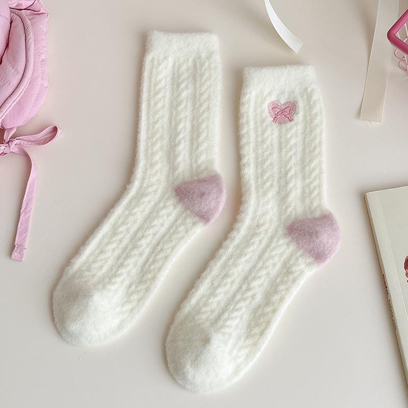 Australian Velvet Pink Fleece-Lined Women's Mid-Calf Cartoon Socks - Thick, Warm, and Fluffy Sleep & Floor Socks.