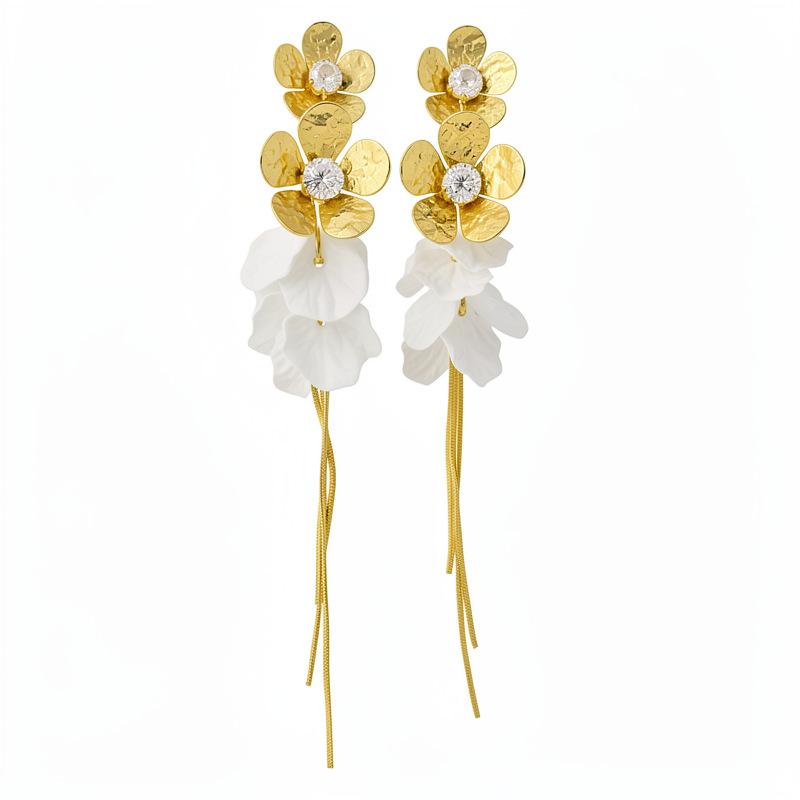 Silver needle zircon resin flower petal fringed earrings simple fashion exquisite stud earrings niche high-end earrings women