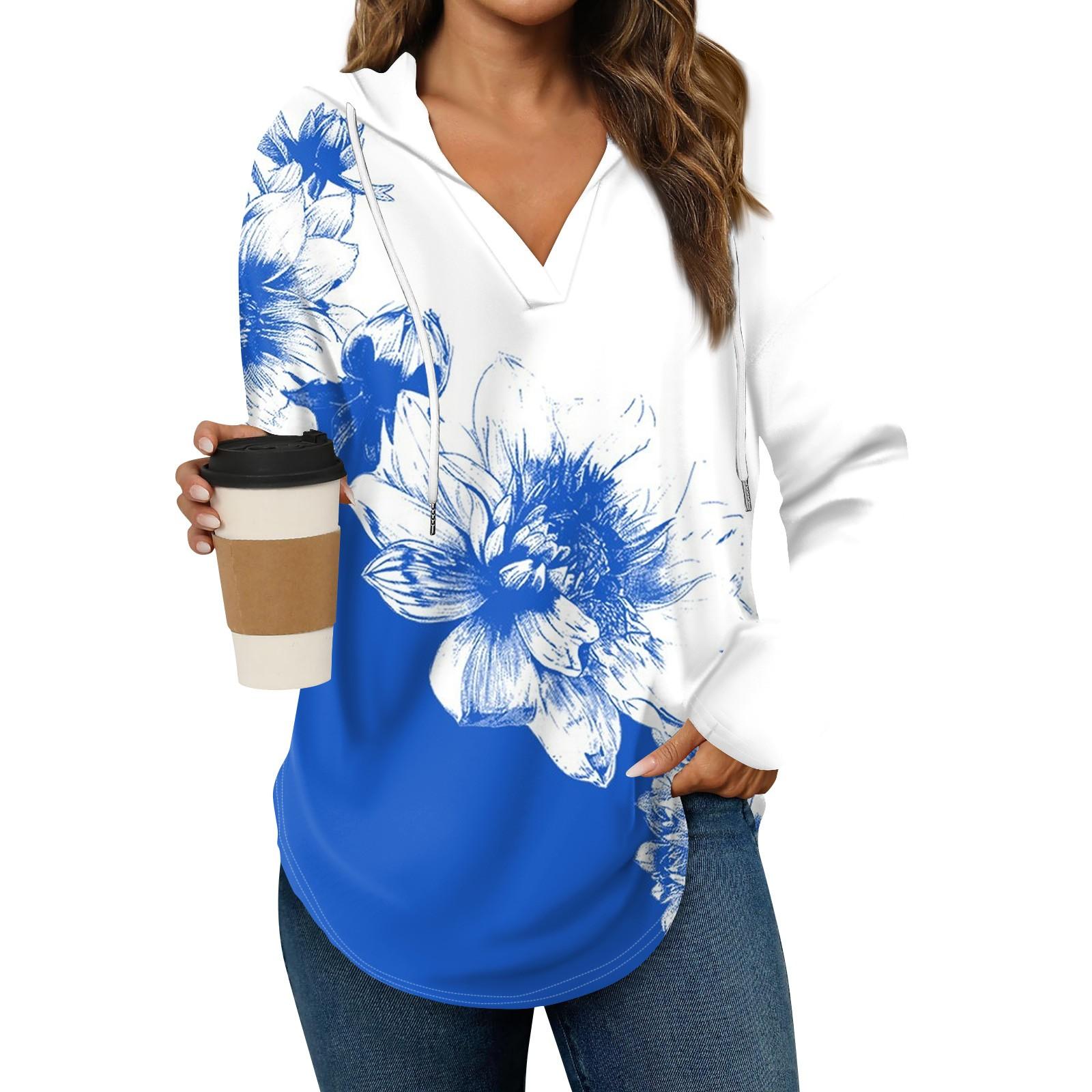 

Женские модные толстовки с капюшоном V-образным вырезом с длинным рукавом и цветочным принтом на шнурке, повседневные свободные пуловеры XL синий