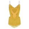 Womens Dance Leotard Ruched Mesh Drapes Glittery Rhinestones Adjustable Straps Cutout Fringe Bodysuit Performance Wear