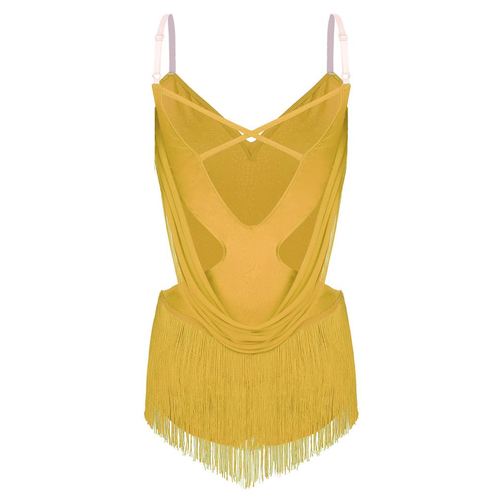 Womens Dance Leotard Ruched Mesh Drapes Glittery Rhinestones Adjustable Straps Cutout Fringe Bodysuit Performance Wear