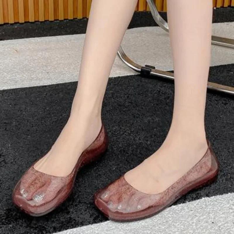 Fashion Women Jelly Shoes Daily Leisure Flats Square Toe Slip-On Size 37-42 Sandals PVC Transparent Flat Sandals Beach Women Shoes