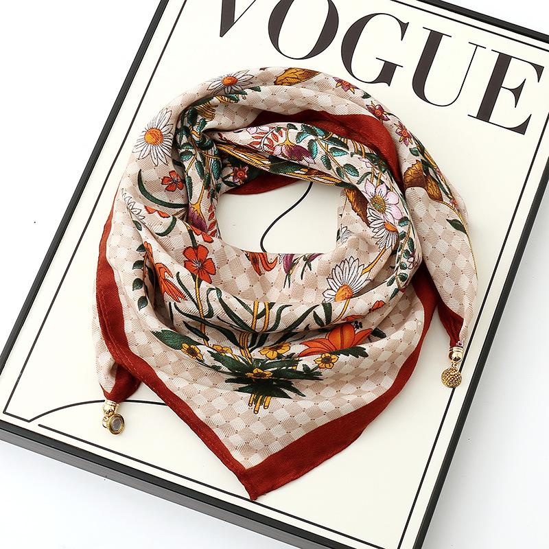 Women's 65" Silk Square Scarf with Magnetic Buckle – Autumn/Winter Print, Fashionable & Versatile Triangle Snood