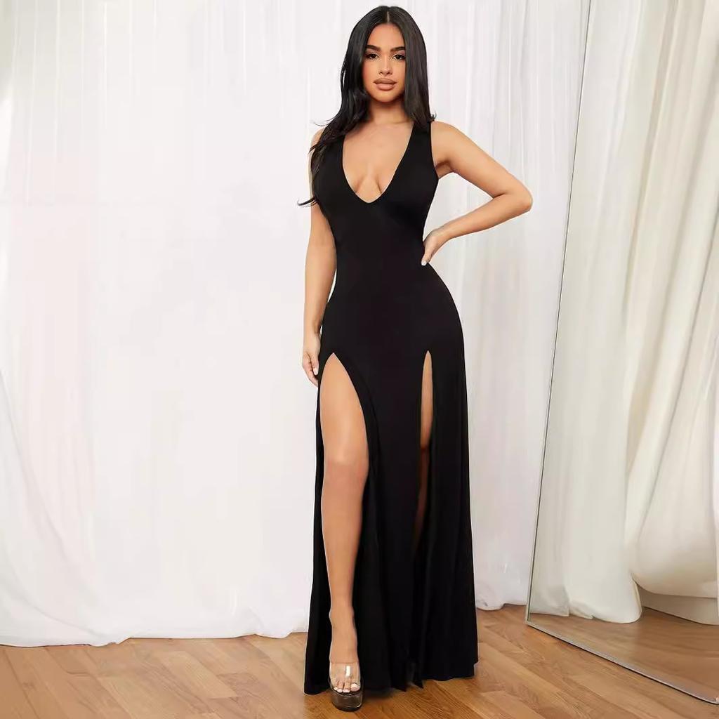 Summer new long dress European and American women's clothing sexy deep V strap sleeveless split multi-color dress