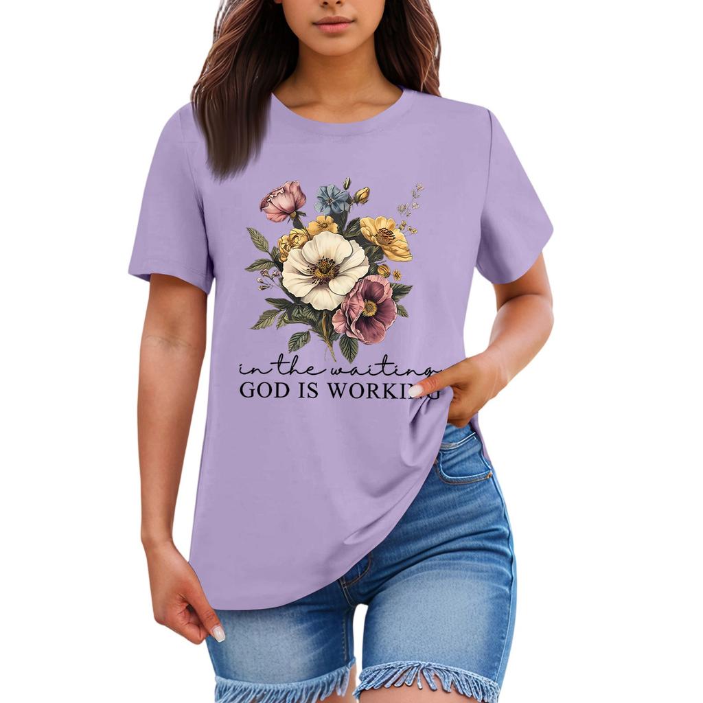 Ladies' Loose Comfortable Casual Fashionable Plant Flower Printed Round Neck Short Sleeved Shirt