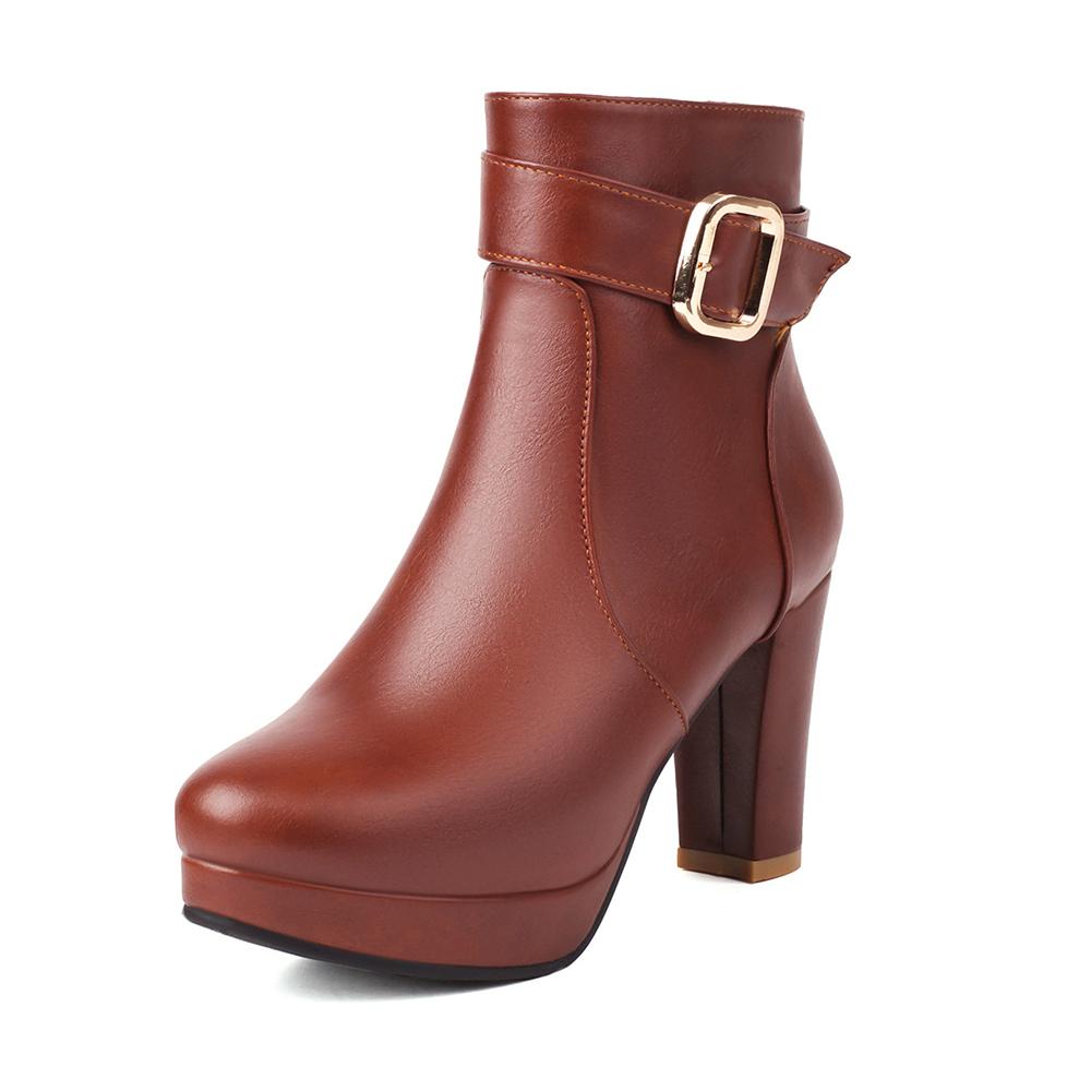 Winterwärme Damen Runde Zehen Leder Klobige Hohe Absätze Reißverschluss Designer Mode Mädchen Lässiger Plateau-Schuh Große Größe