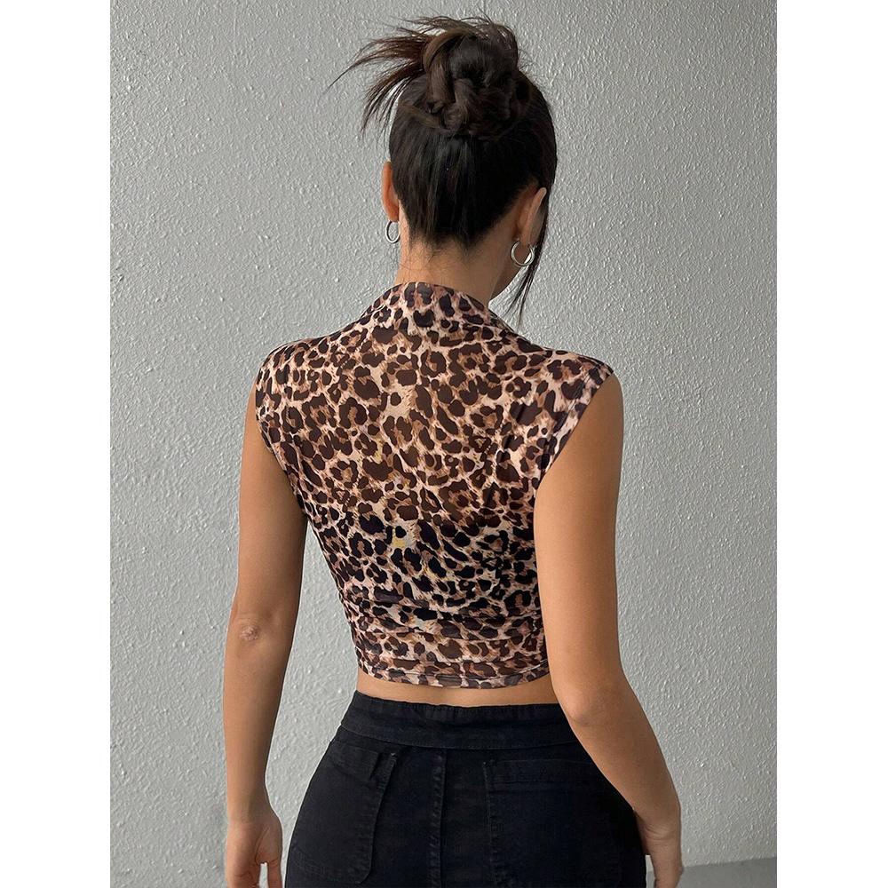 Women's Y2K Leopard Print Tank Tops Mock Neck Sleeveless Cheetah Print Slim Fit Top Shirts