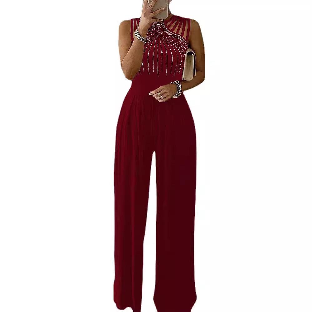 2023 Strass Weitbein-Jumpsuit: Europäischer & Amerikanischer Sommerstil, Taillenbetontes einfarbiges Kleid