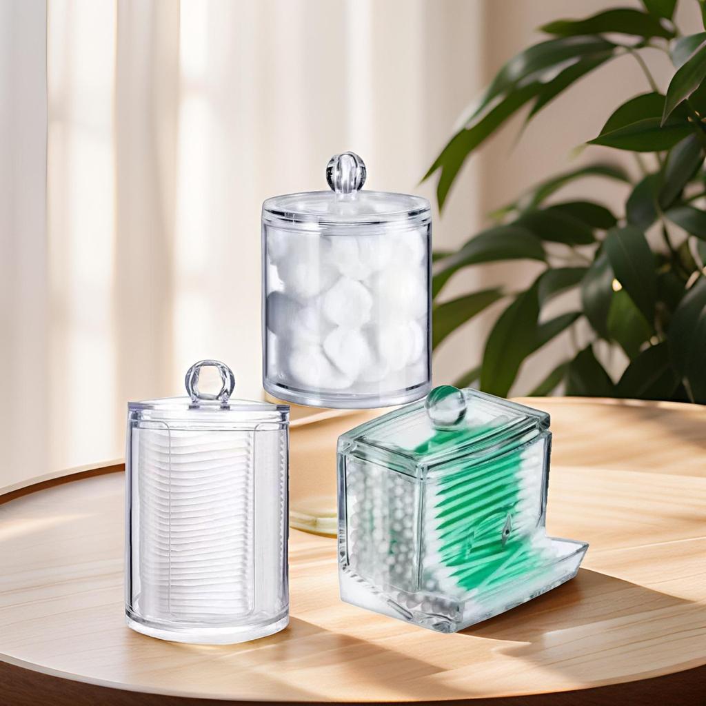 Set di tamponi di cotone rettangolari e scatola portaoggetti con coperchio per trucco, filo interdentale e stuzzicadenti.